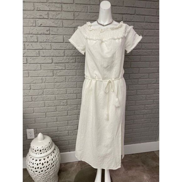 Line + Dot Women White Textured Off Shoulder Self-Belted Slit Midi Dress Size S - Picture 2 of 12